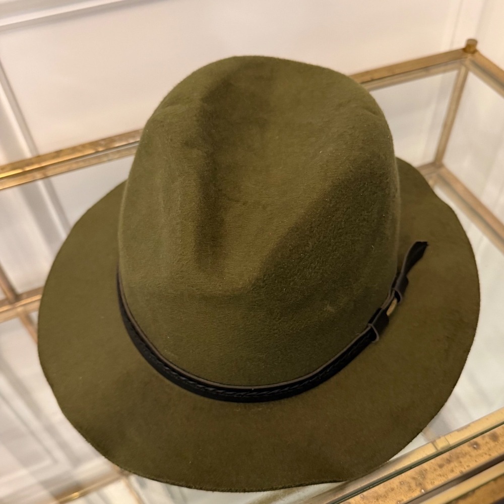 Olive Green Felt Fedora Hat with Braided Black Band Unisex Wide Brim